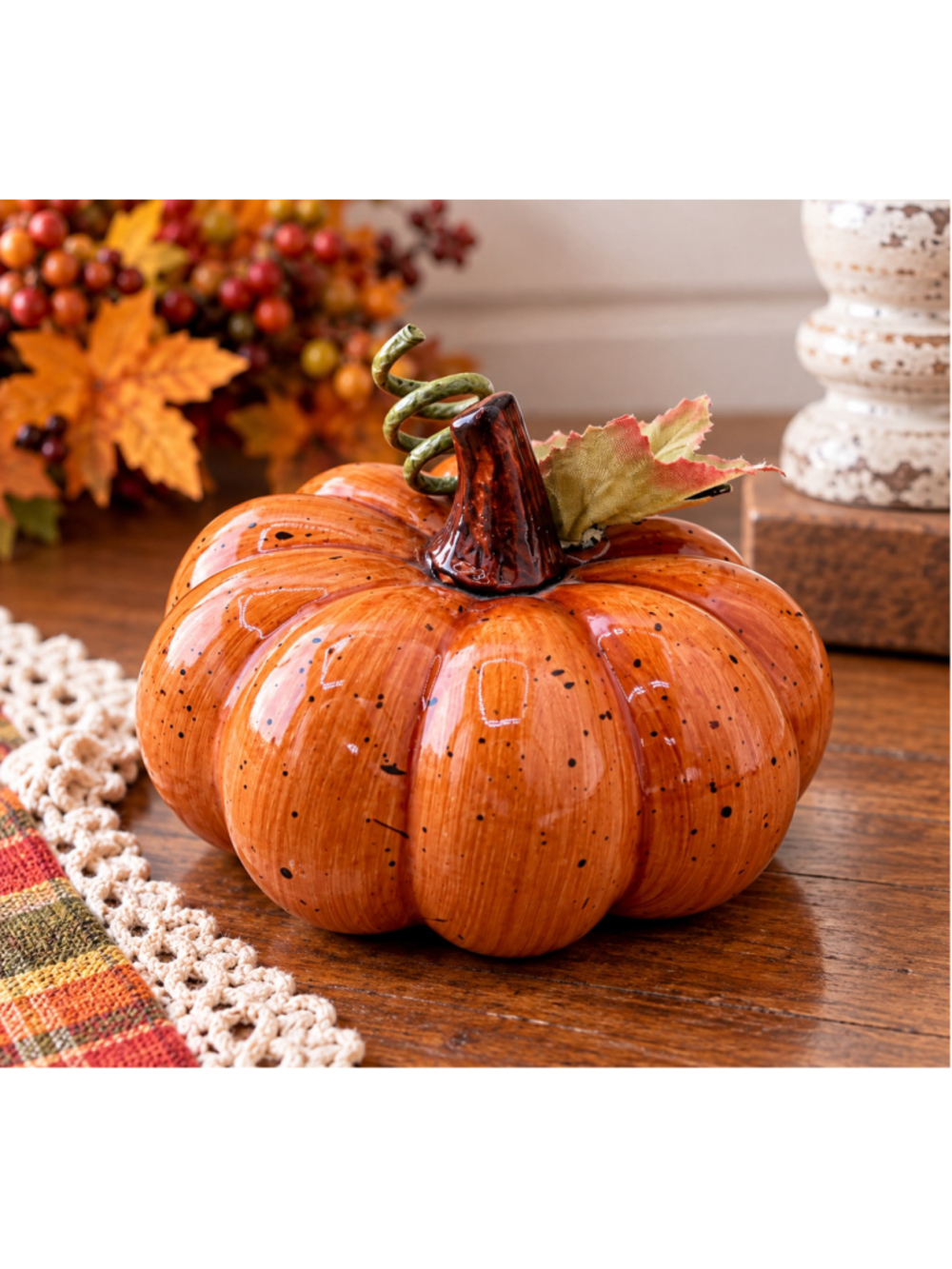 Orange Ceramic Pumpkin Speckled Glazed Curly Vine Leaf Fall Harvest Decor